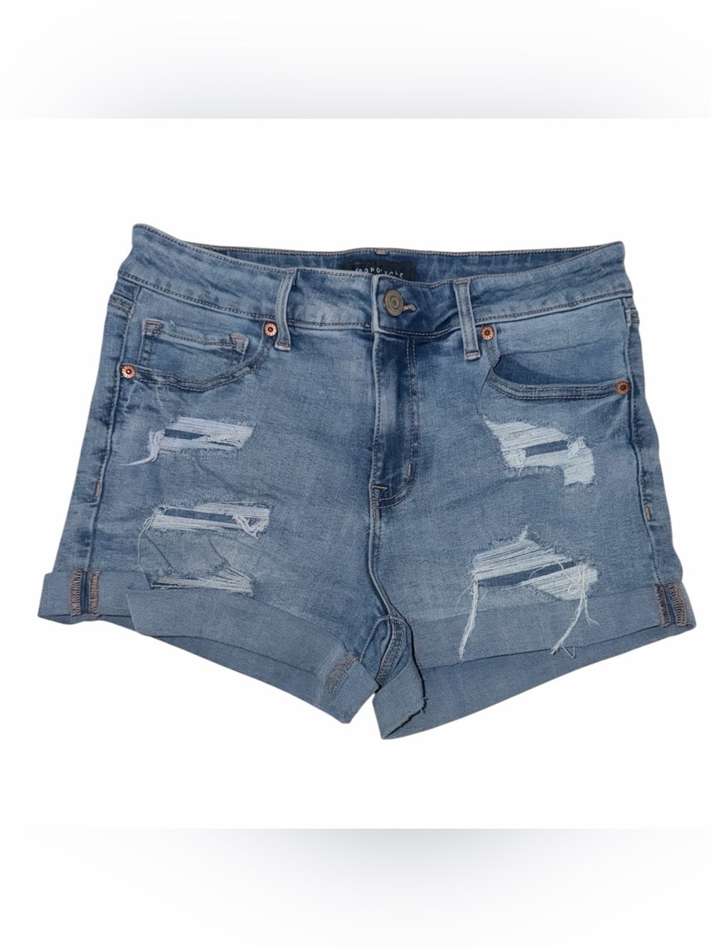 Aeropostale Seriously Stretchy High-Rise Medium Wash Denim Midi Shorts Sz 8 NWOT